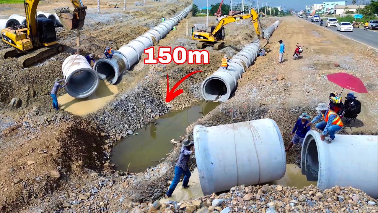 Drainage construction Installed 150m Concrete Pipes Completely - CAT Excavator