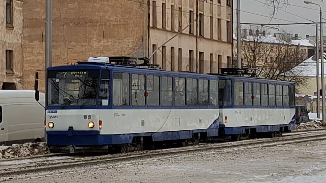 Tatra T3MR- 35010 + 35021 meets with Tatra T3MR- 35032 + 35043 on the strech Katoļu iela-Elijas iela