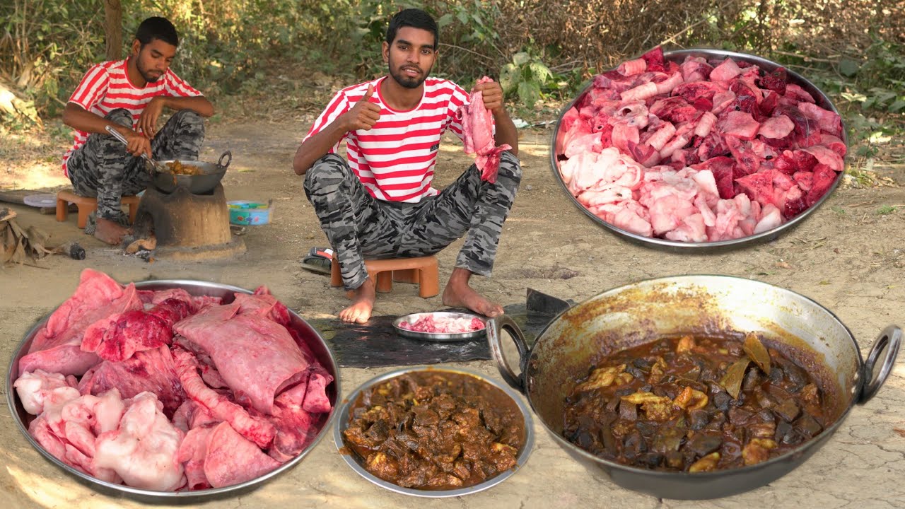 बकरे का फेफड़ा और चर्बी बनाने का सबसे आसान तरीका | Goat Lungs with fat Fry Recipe Cooking in Village