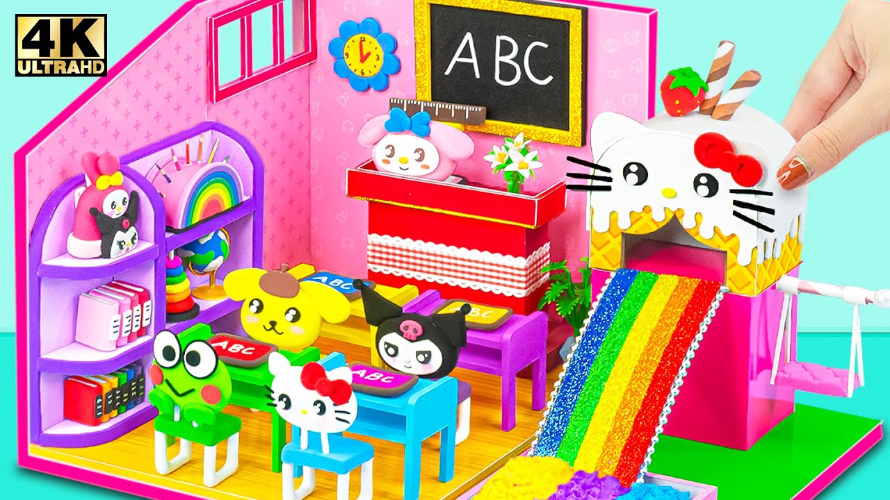 Make Pink Classroom with Rainbow Hello Kitty Slide & Playground for Kuromi, Melody❤️ DIY Mini House