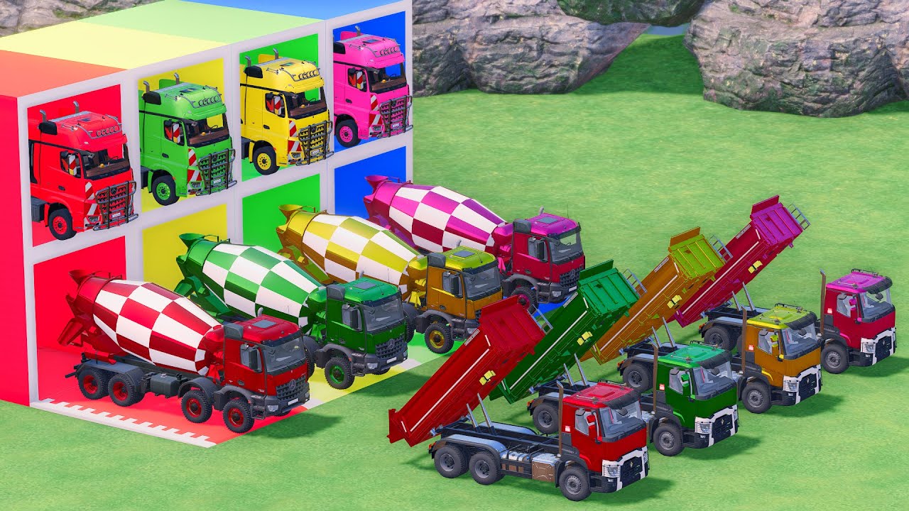 Trucks With COLORS - MERCEDES MIXER TRUCK and RENAULT DUMP TRUCK with MERCEDES FLATBED TRAILER TRUCK