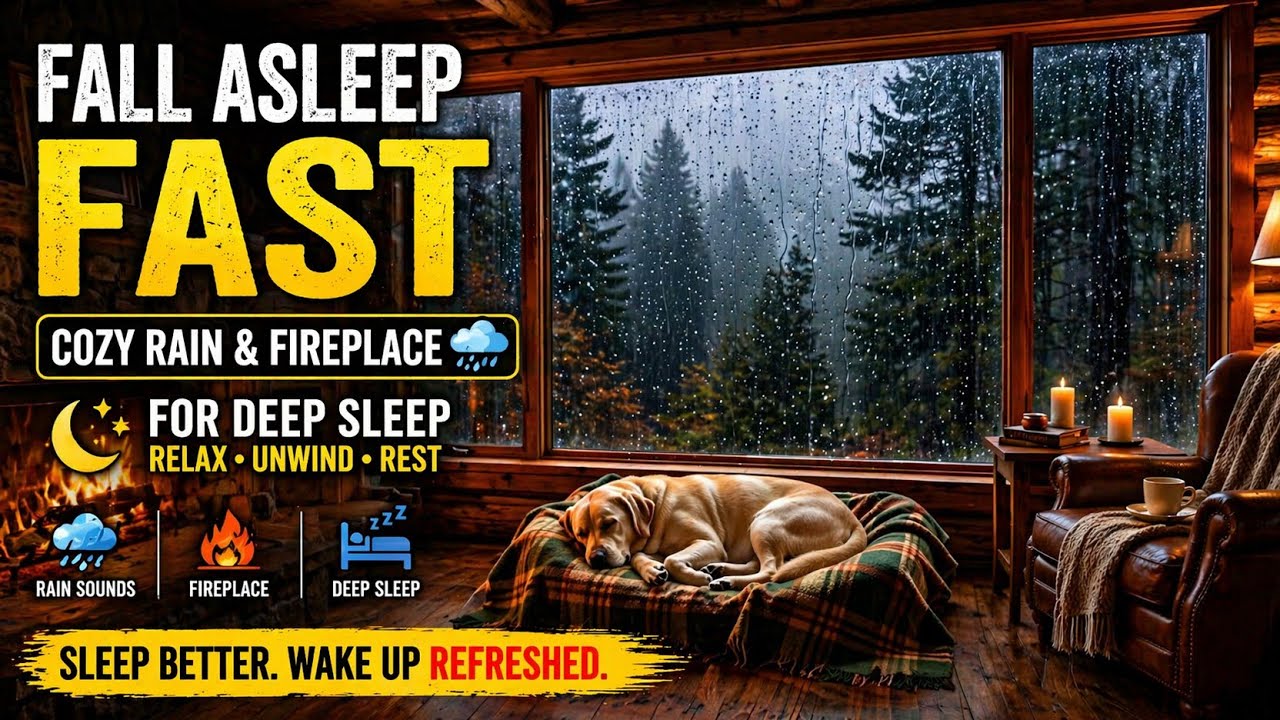 Rainy Window Ambience 🌧️ Cozy Warm Room with Sleeping Dog 🐶 Fireplace-Like Relaxation (No Music)
