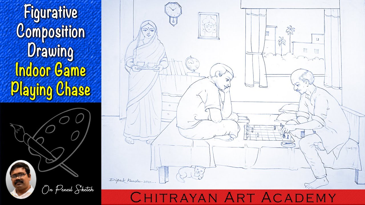 Indoor Game Playing Chess Drawing Step By Step | BFA Figurative Composition Drawing | Memory Drawing