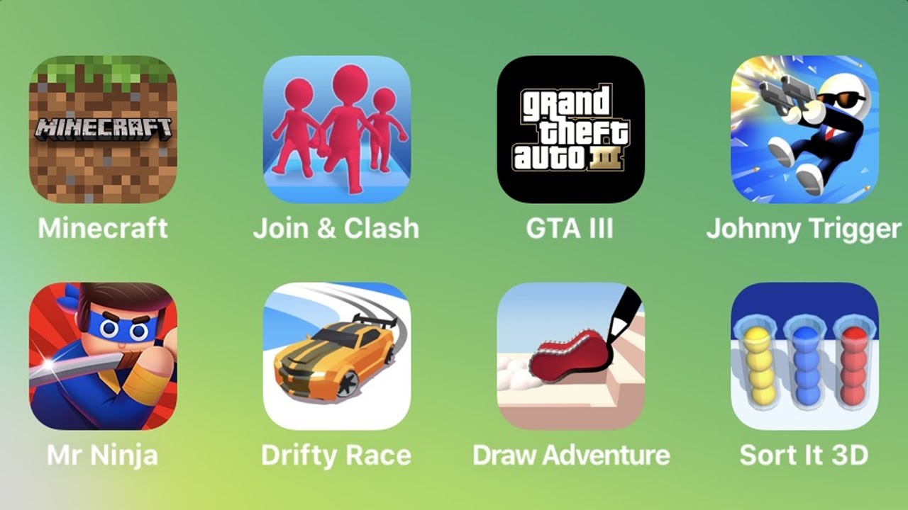 Minecraft, Join Clash 3D, GTA 3, Johnny Trigger, Mr Ninja, Drifty Race, Draw Adventure, Sort It 3D