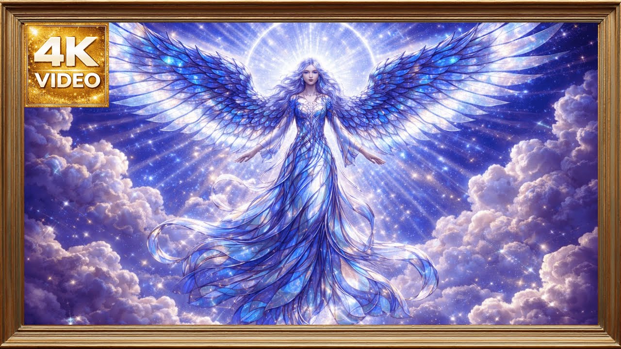 Ángel Azul Celestial 4K | Arte Espiritual en Marco Dorado | Pantalla Estática para TV Sin Música 2h