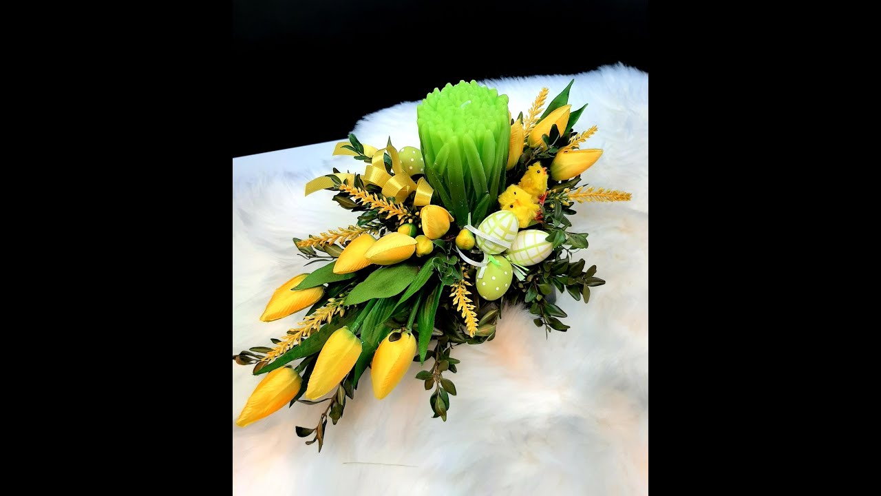Stroik Wielkanocny z zieloną świecą i żółtymi tulipanami / DIY / Easter / Ostern / jak zrobić