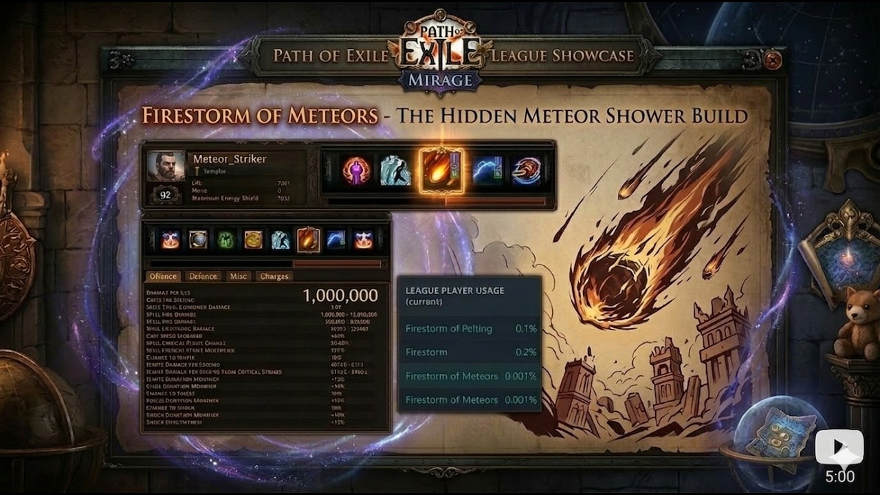 Poe1 Mirage showcase build: EneryBlade_Firestorm of Meteors x Arc (1M dps at hideout)