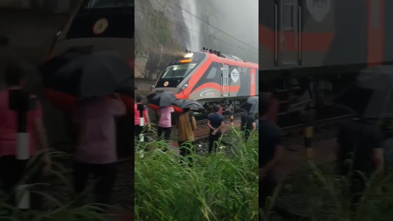 Kp waterfall Orange Vande Bharat crossing #trending #railtrack #vandebharatexpress #train