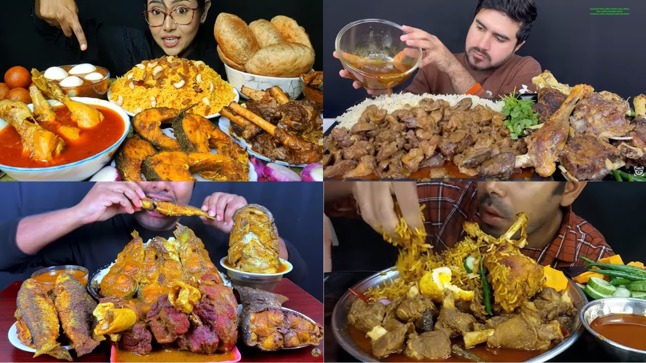 HUGE MUTTON CURRY EATING CHALLENGE,FISH CURRY,CHICKEN CURRY,CHICKEN LIVER & GIZZARD CURRY,BIG BITES
