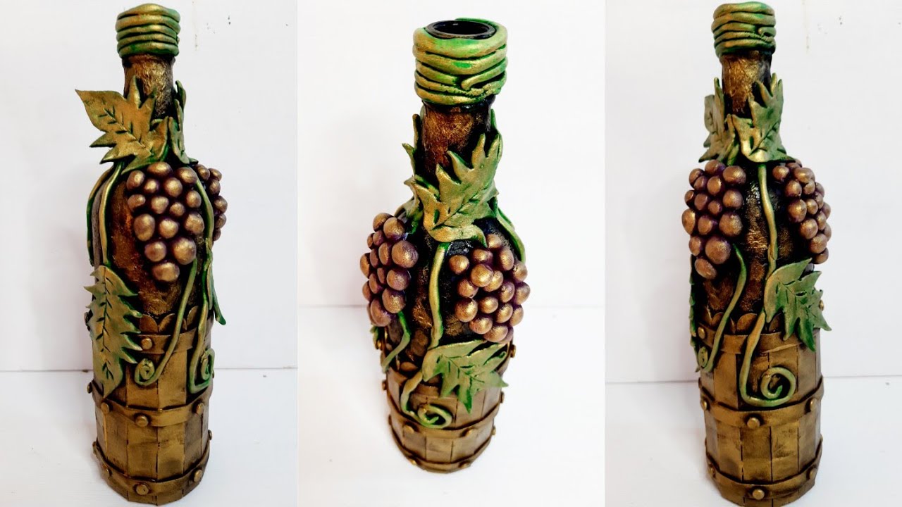 Como decorar una botella🍾🍇 de vidrio con Fomy moldeable./bottle 🍾 🍇art with grapes and barrel🍇🍇🍇🍇😜😜😜