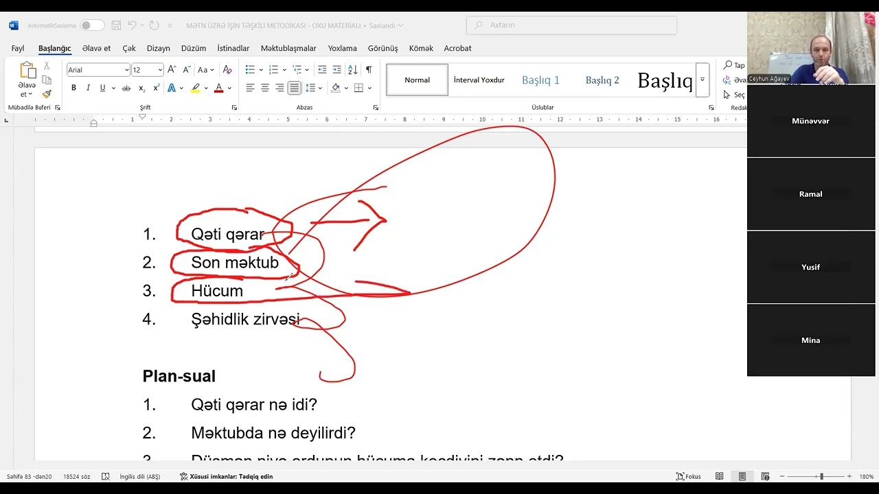 Azərbaycan dili. Mətn üzrə iş. Mətnin planı