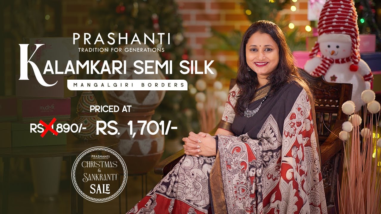 Kalamkari Semi Silk Mangalgiri Borders | Christmas & Sankranti Sale - Flat 10% OFF | Prashanti