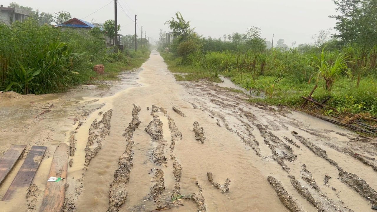 Walking in Heavy Rain | Flooded Nepali Village Road