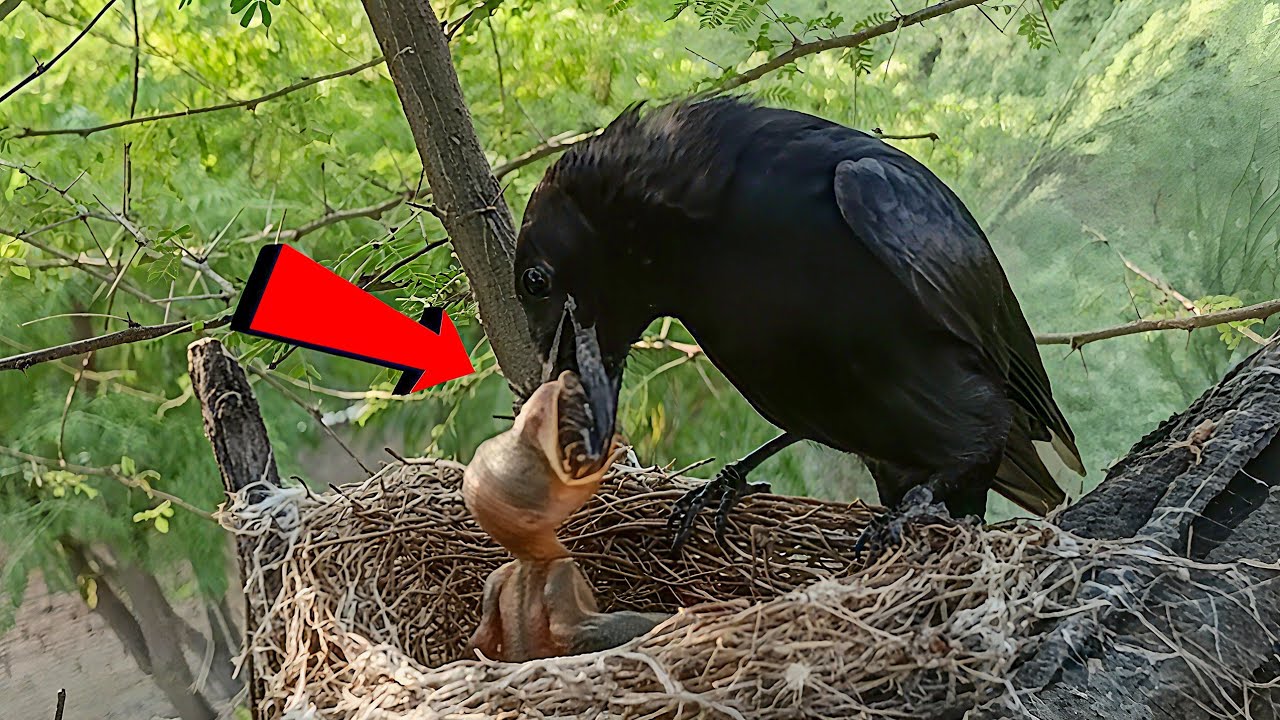 Black drongo bird Feeding Her Hungry Baby in the Nest