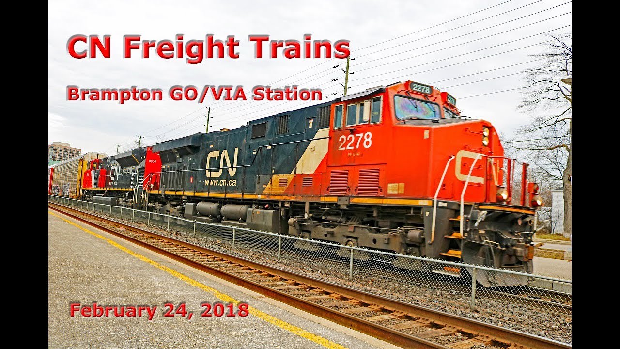 CN Freight Trains at Brampton, Ontario GO/VIA Station (Feb. 24, 2018)