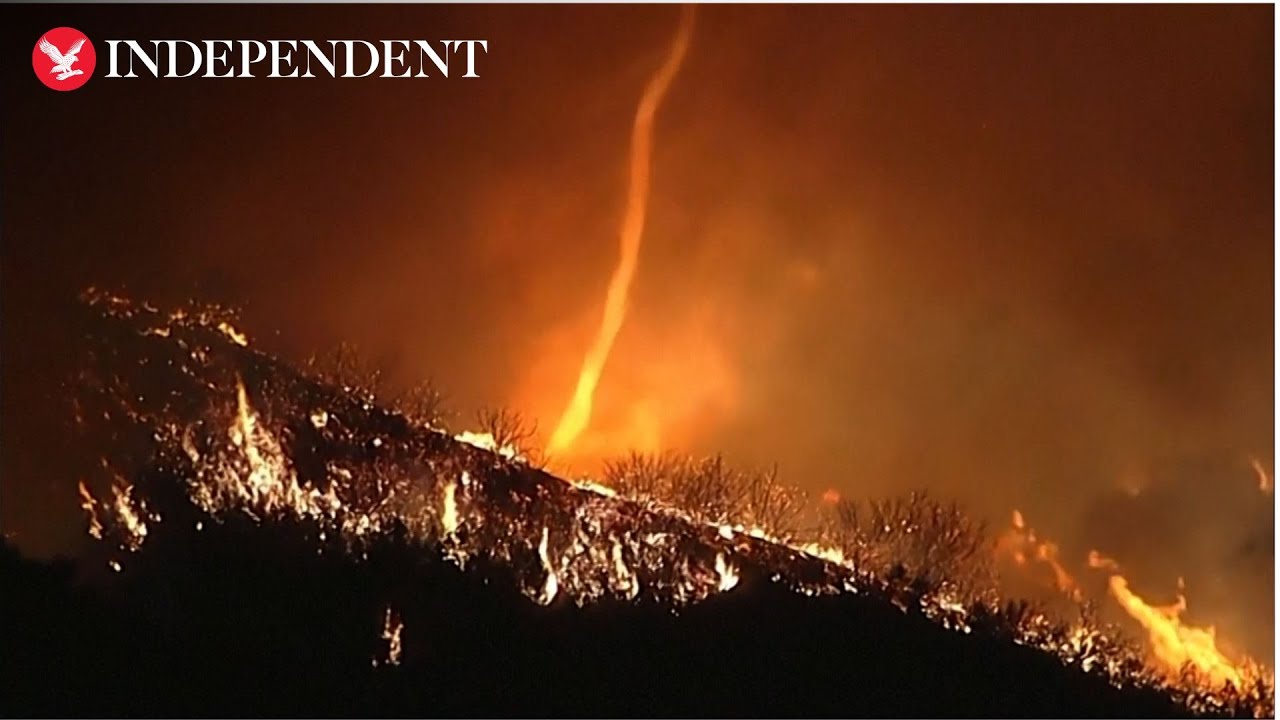 Fire tornado forms as wind whips up flames in California wildfires
