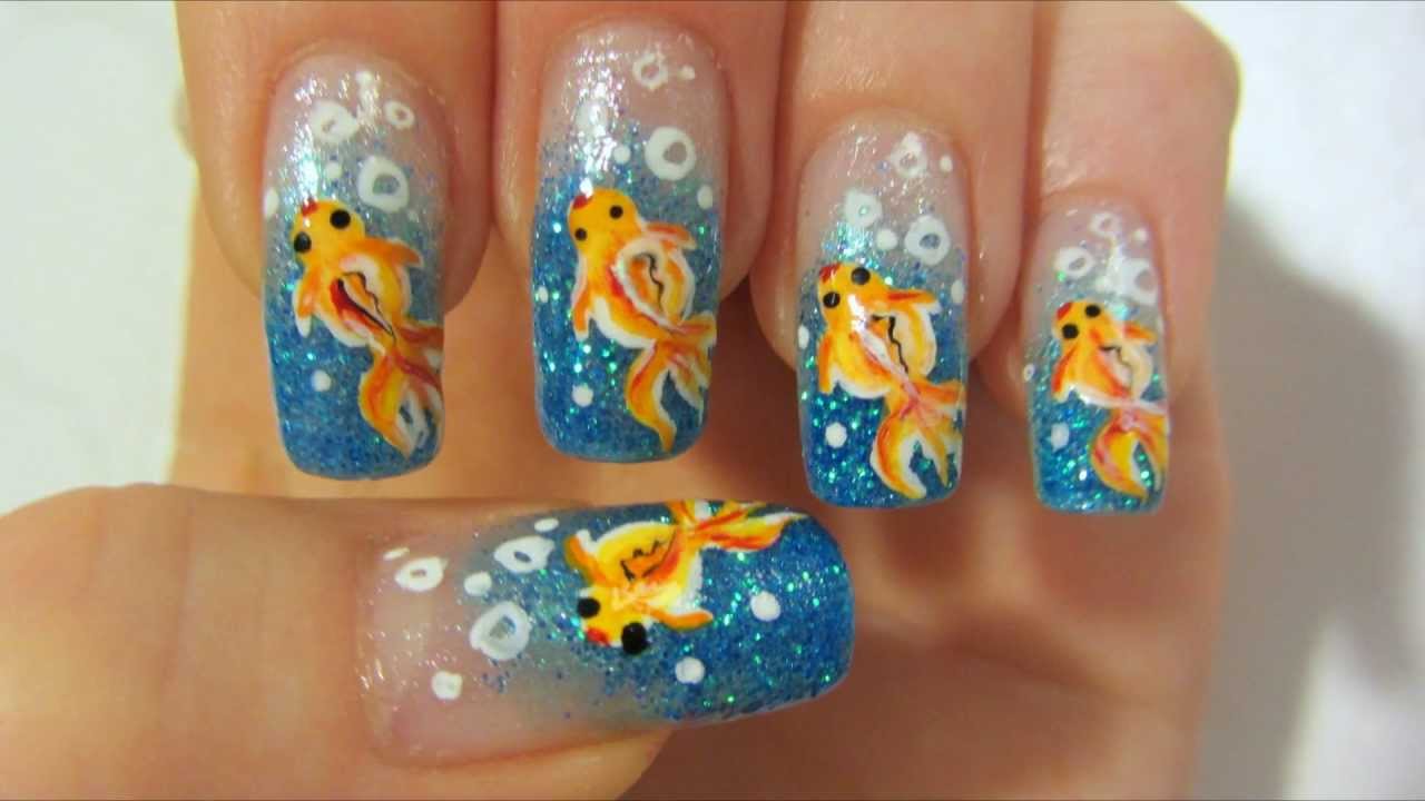 Light Blue and Orange Goldfish Design with Glitter and Bubbles Nail Art Tutorial
