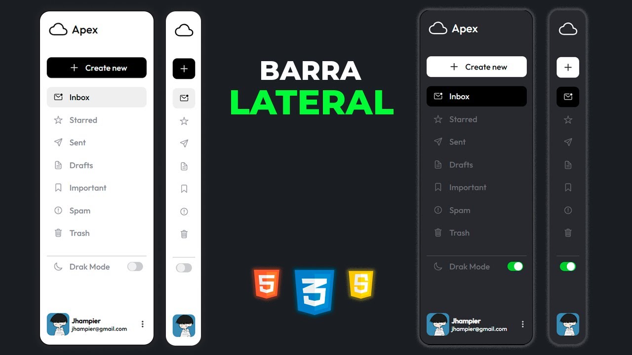 Barra de navegación lateral responsiva en HTML CSS y JAVASCRIPT | Sidebar OSCURO y CLARO