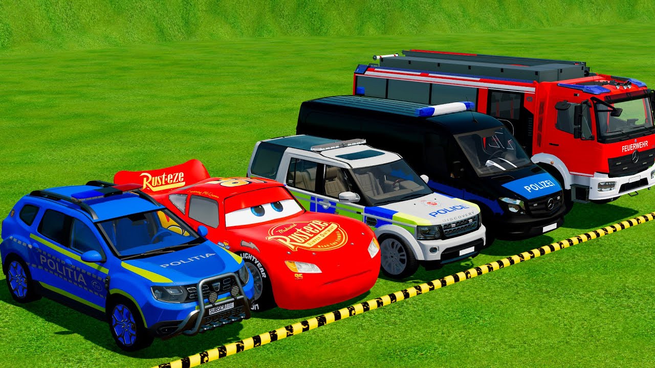 DACIA, MCQUEEN CAR, LAND ROVER POLICE CARS, AMBULANCE EMERGENCY TRANSPORTING WITH TRUCKS ! FS22 #4