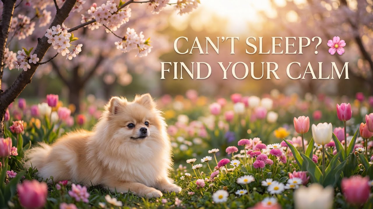 Spring Sleep Music 🌸 Calm Piano & Ambient for Deep Relaxation | Pomeranian in Blooming Park (1 Hour)