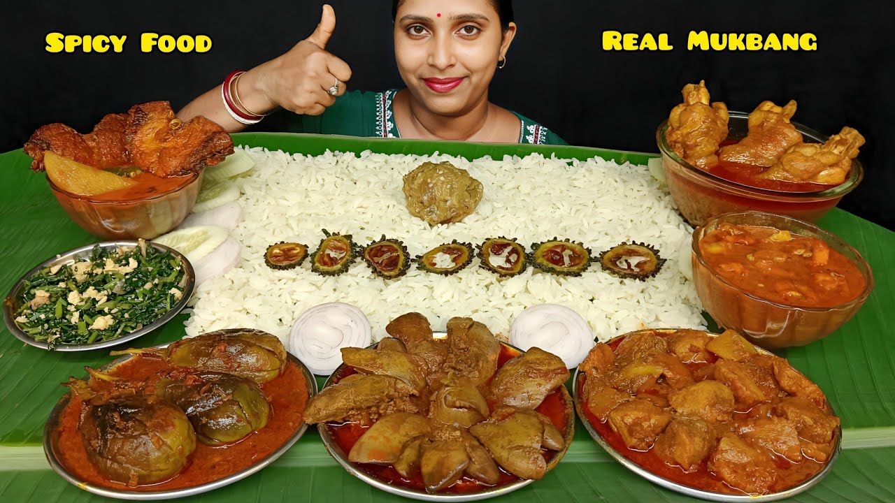 Eating Chicken Curry & Liver Curry, Fish Curry, Soyabean Curry, Brinjal Masala, Begun Bharat, Rice