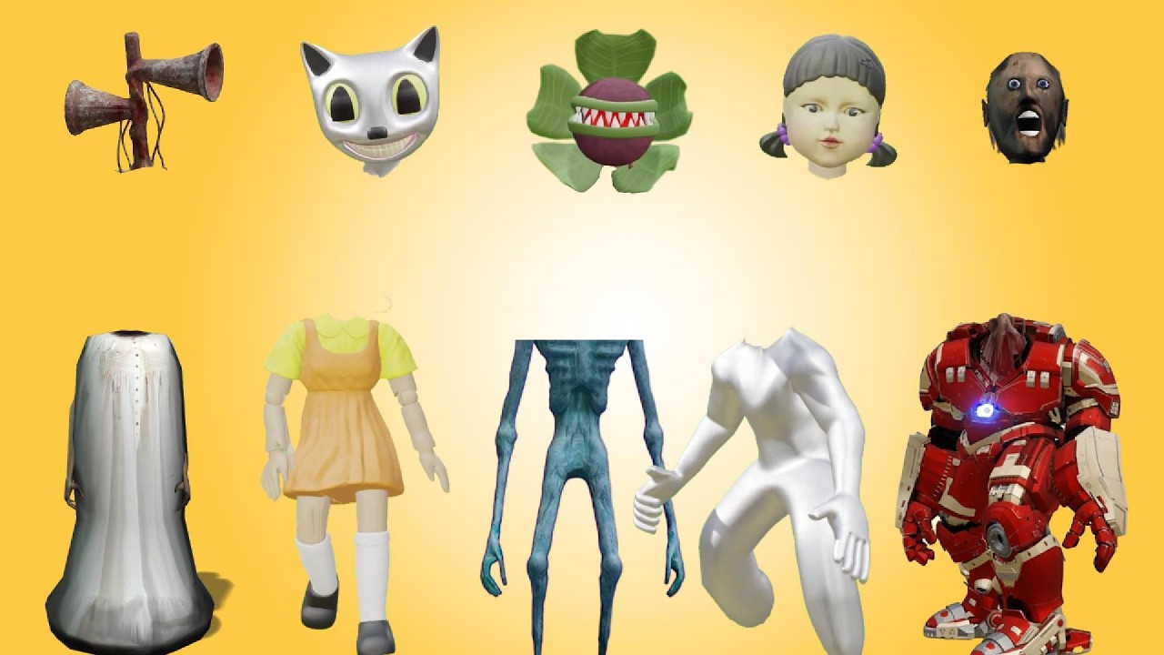 WRONG HEAD, GRANNY, SQUID GAME DOLL, SIREN HEAD FLOWER, CARTOON CAT SNOW, HULK BUSTER