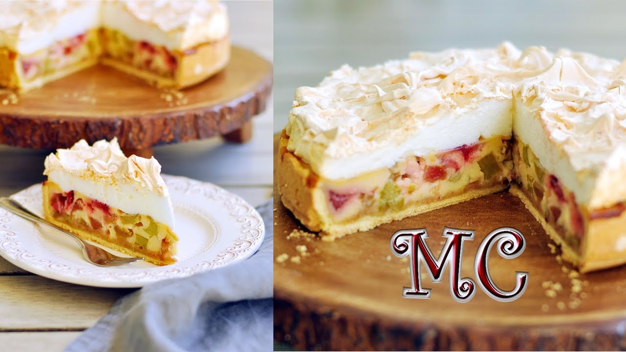 Tarta z dużą ilością rabarbaru w polewie śmietanowo – budyniowej z bezą – Mała Cukierenka
