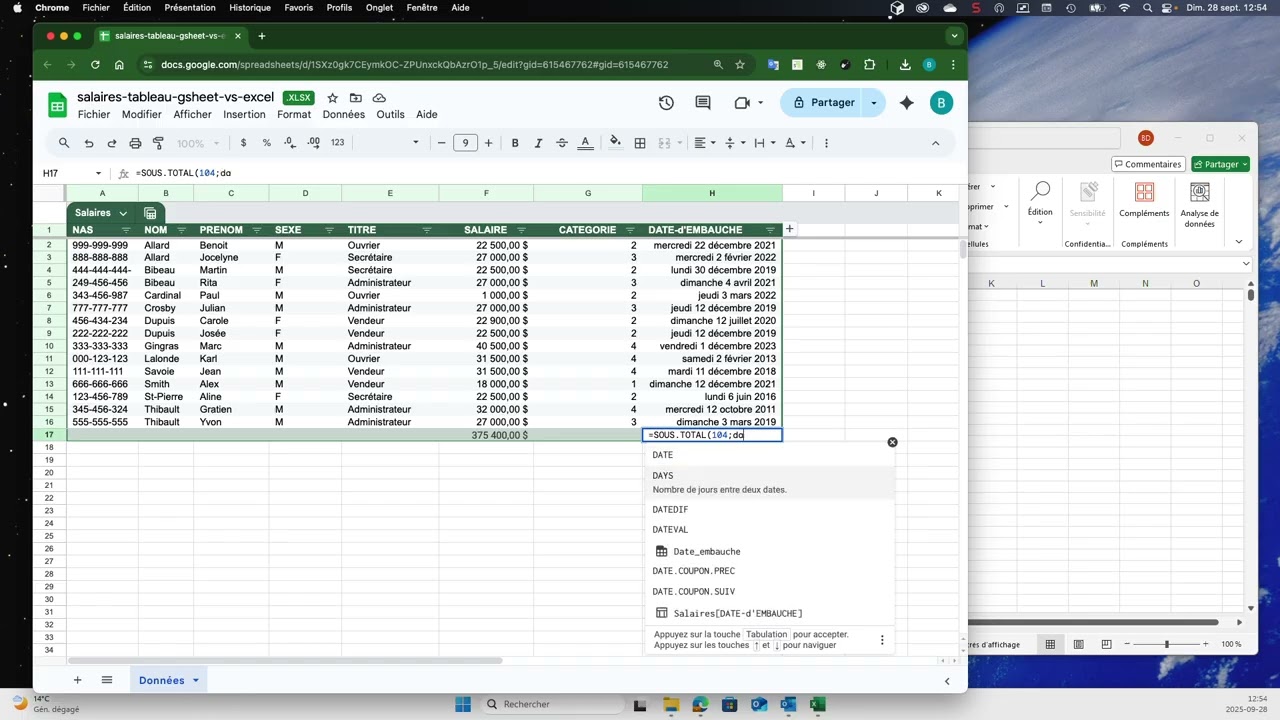 Comparaison des tableaux Google Sheets vs tableaux Excel