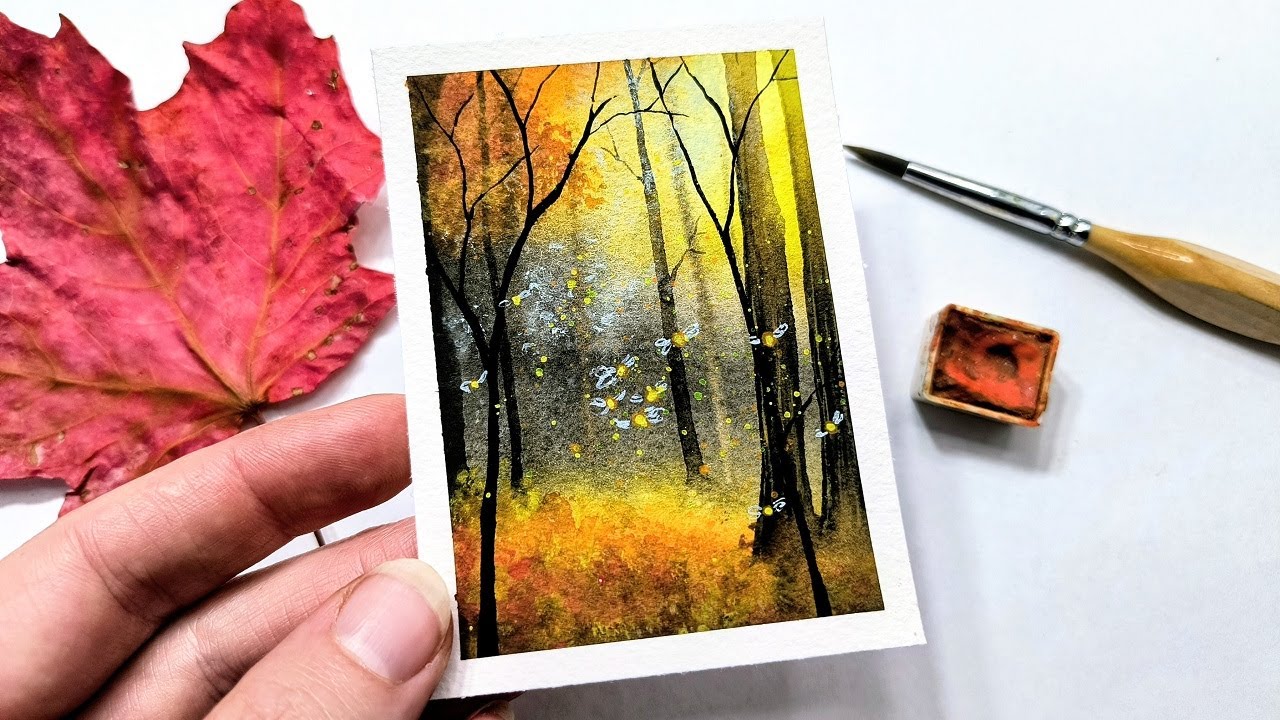 Watercolor forest firefly painting tutorial » How to paint a beautiful fall landscape for beginners