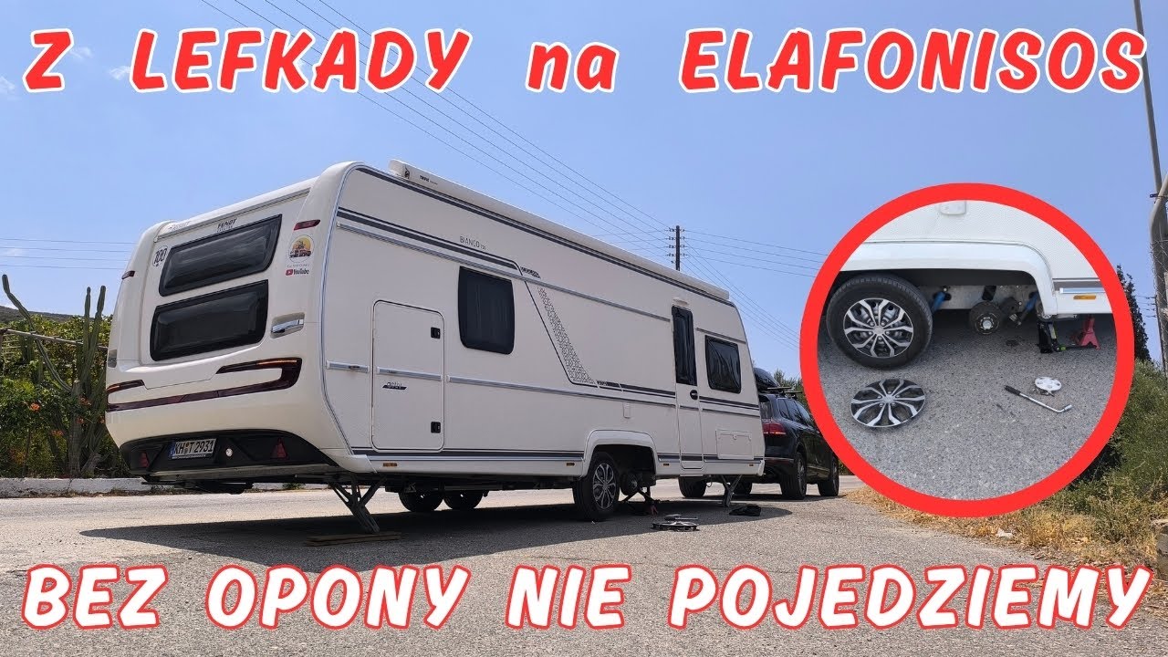 Droga z LEFKADY i PROM na WYSPĘ ELAFONISOS w GRECJI, PRZEBITA OPONA w PRZYCZEPIE, Peloponez wita #40