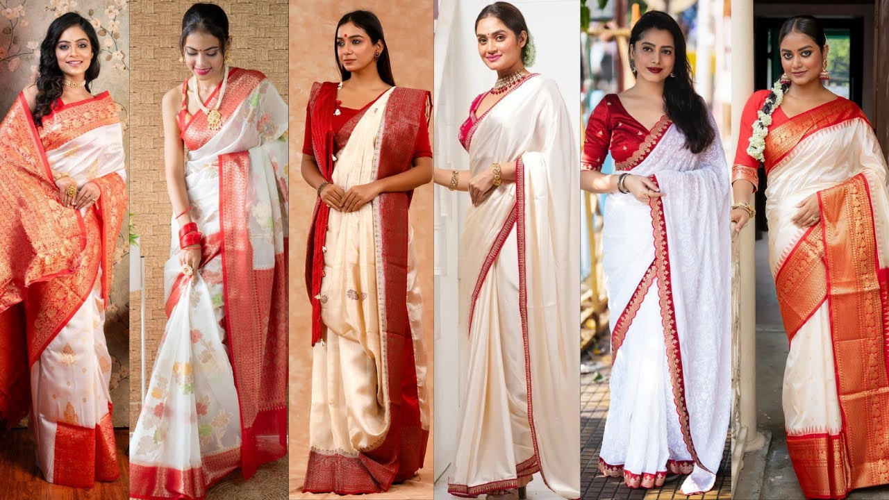 New Designer White Saree With Red Border//Silk Saree Collection//Traditional Bengali Saree Designs