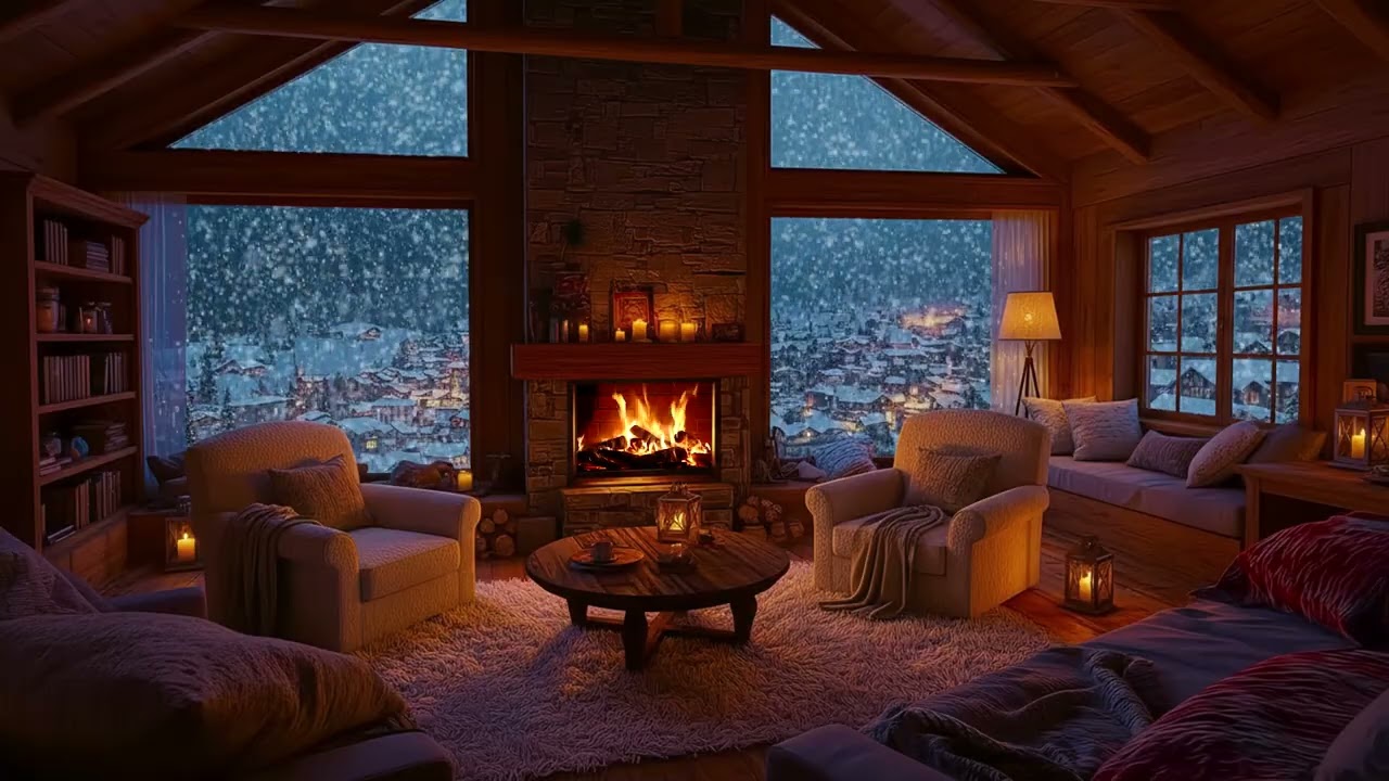 Blizzard Outside the Cabin Window with Warm Fireplace Glow for Deep Sleep and Quiet Winter Nights