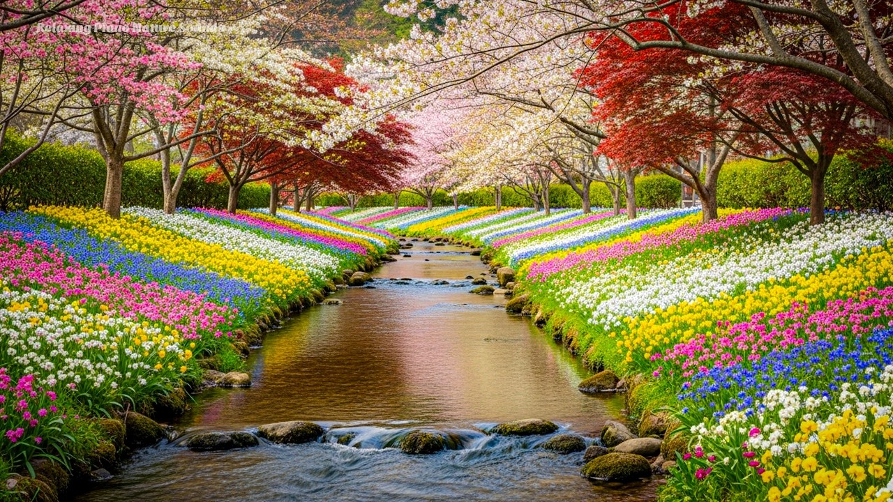 Relaxing Piano Music By A Quiet Stream In A Flower Garden
