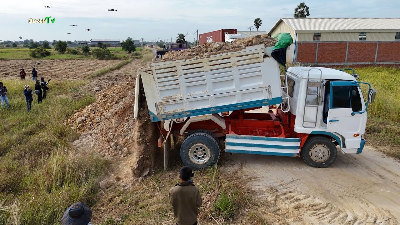 Wonderful New activity.! Processing Dump Trucks And KOMATSU Dozer Technique filling Flooded land.