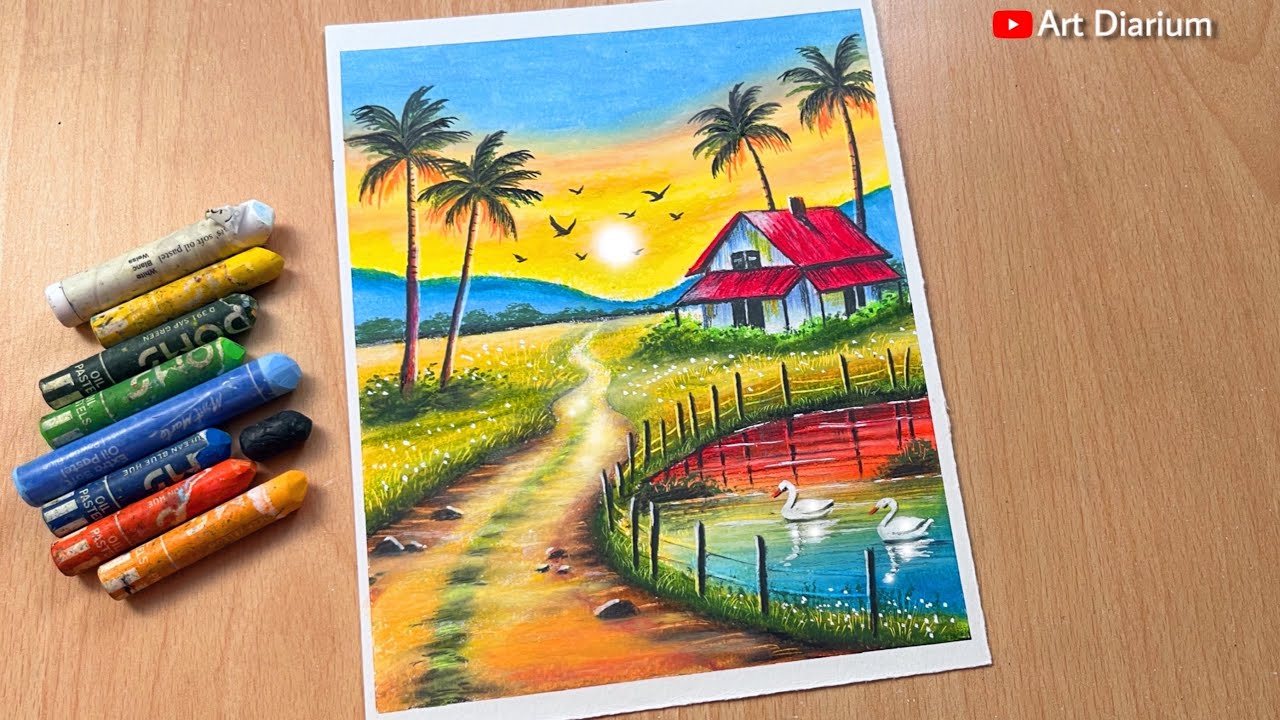 Morning Village Scenery with Oil Pastels - for Beginners Step-by-Step