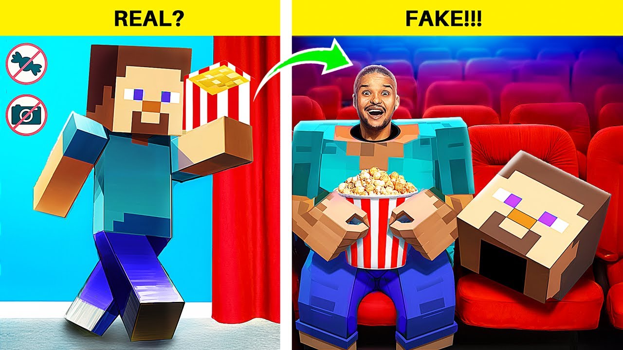 Faux Minecraft VS Vrai Minecraft! Défi Comment se Cacher Facilement au Cinéma!