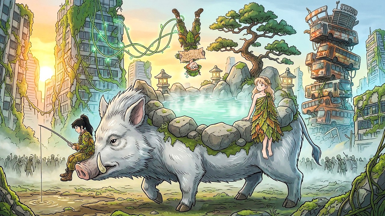 A Hot Spring on Our Giant Boar Relaxing in the Overgrown Ruins l Cooking ASMR l Ghibli Style Video