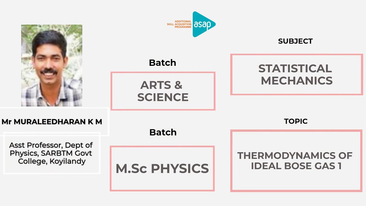 ASAP Arts & Science Session 40|𝐌.𝐒𝐜 𝐏𝐡𝐲𝐬𝐢𝐜𝐬|𝐓𝐡𝐞𝐫𝐦𝐨𝐝𝐲𝐧𝐚𝐦𝐢𝐜𝐬 𝐨𝐟 𝐈𝐝𝐞𝐚𝐥 𝐁𝐨𝐬𝐞 𝐆𝐚𝐬 𝐈 -𝐌𝐫 𝐌𝐮𝐫𝐚𝐥𝐞𝐞𝐝𝐡𝐚𝐫𝐚𝐧 𝐊 𝐌
