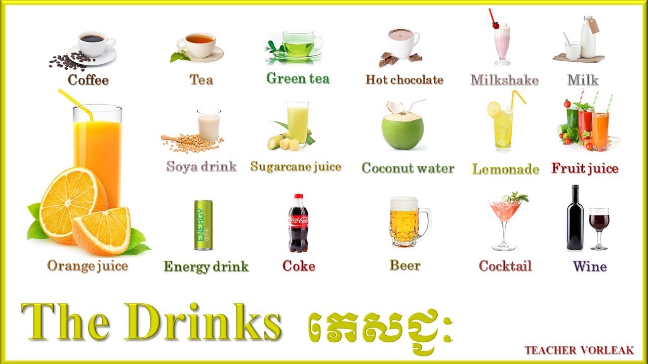 Learn English Khmer Drinks vocabulary in English | រៀនភាសាអង់គ្លេសខ្មែរ​អំពី​ ឈ្មោះភេសជ្ជៈ