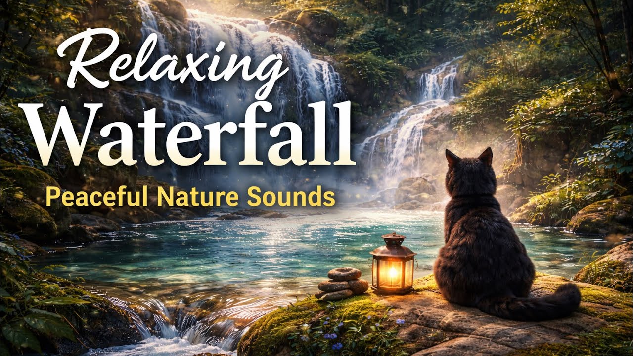 “The Black Cat Watching the Waterfall | Calm & Peaceful Nature”