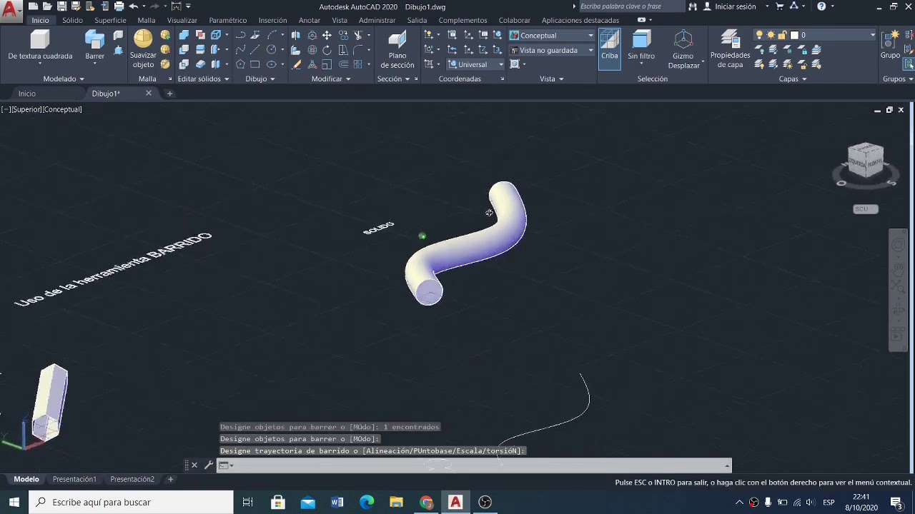 Uso de la herramienta barrido en Autocad 3D