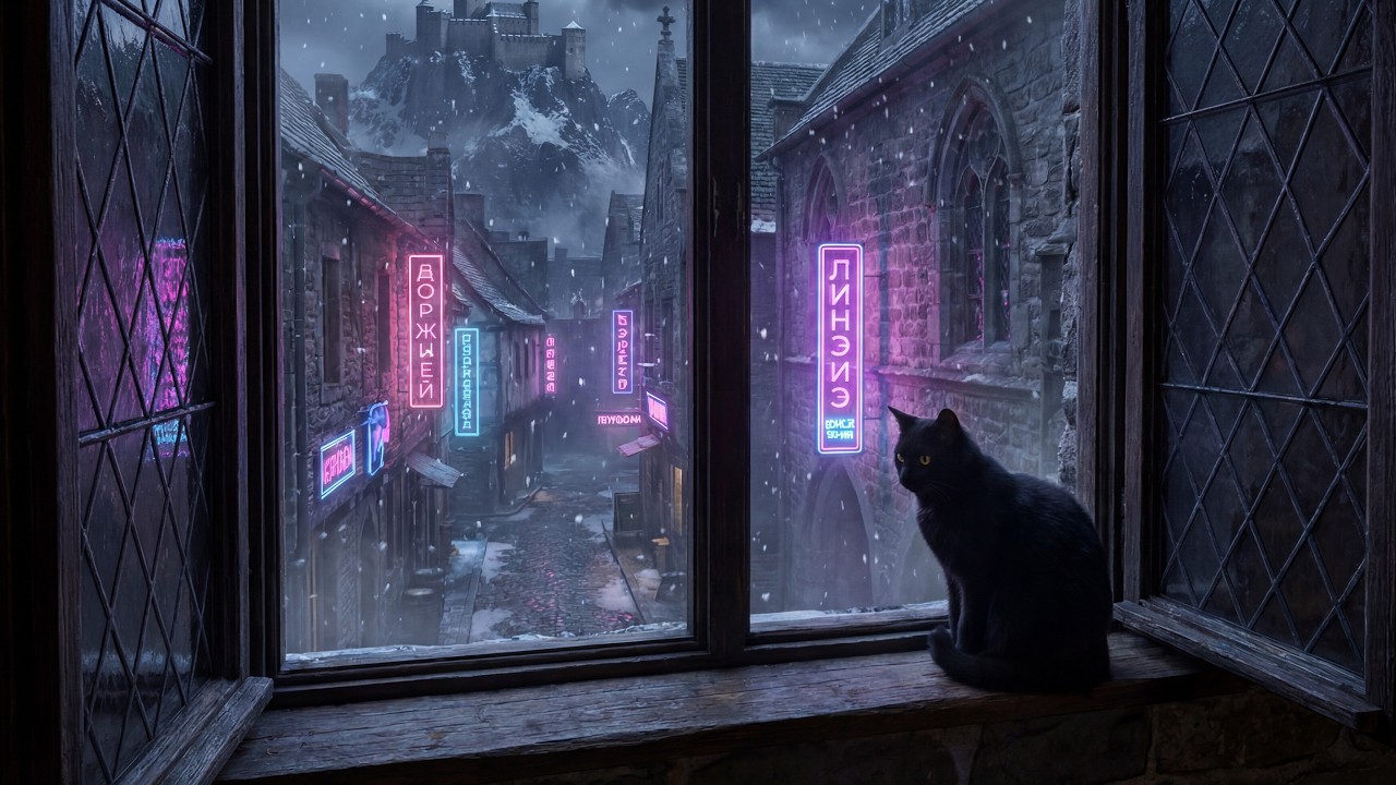 Relax 🐈‍⬛ Winter Window Ambience: Snowy Alley & Distant Castle Glow Curious Black Cat 🐈‍⬛