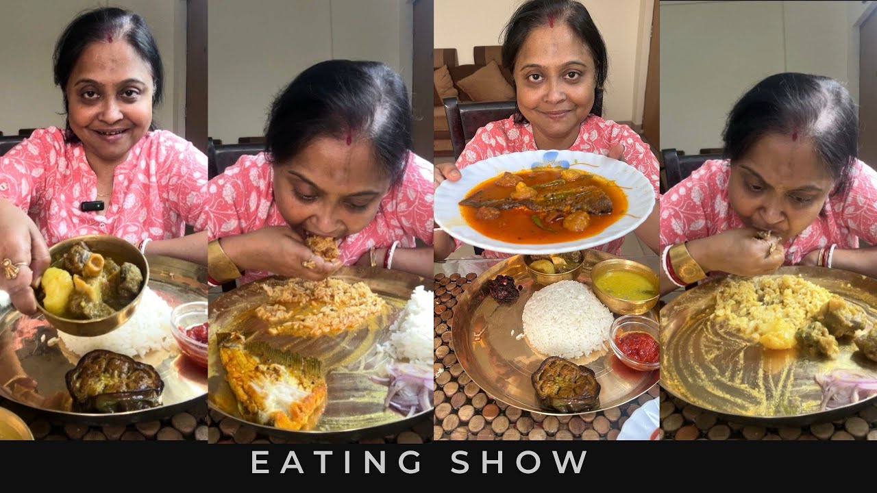 আজকে খেলাম ভাত, লালশাক, আমের ডাল, বেগুন ভাজা, বোয়াল মাছ, মাটন, টমেটোর চাটনি।