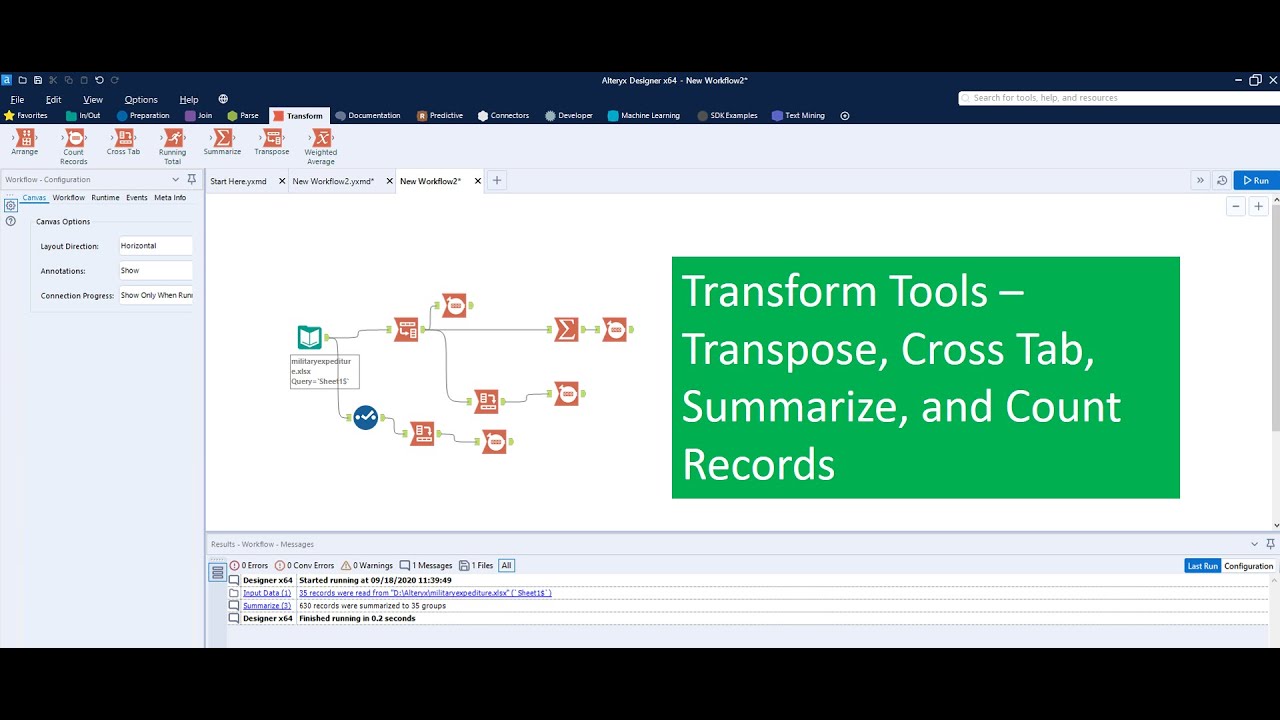 How to use Transform Tool, Transpose Tool, Cross Tab, Summarize, Count Records Tools in Alteryx?