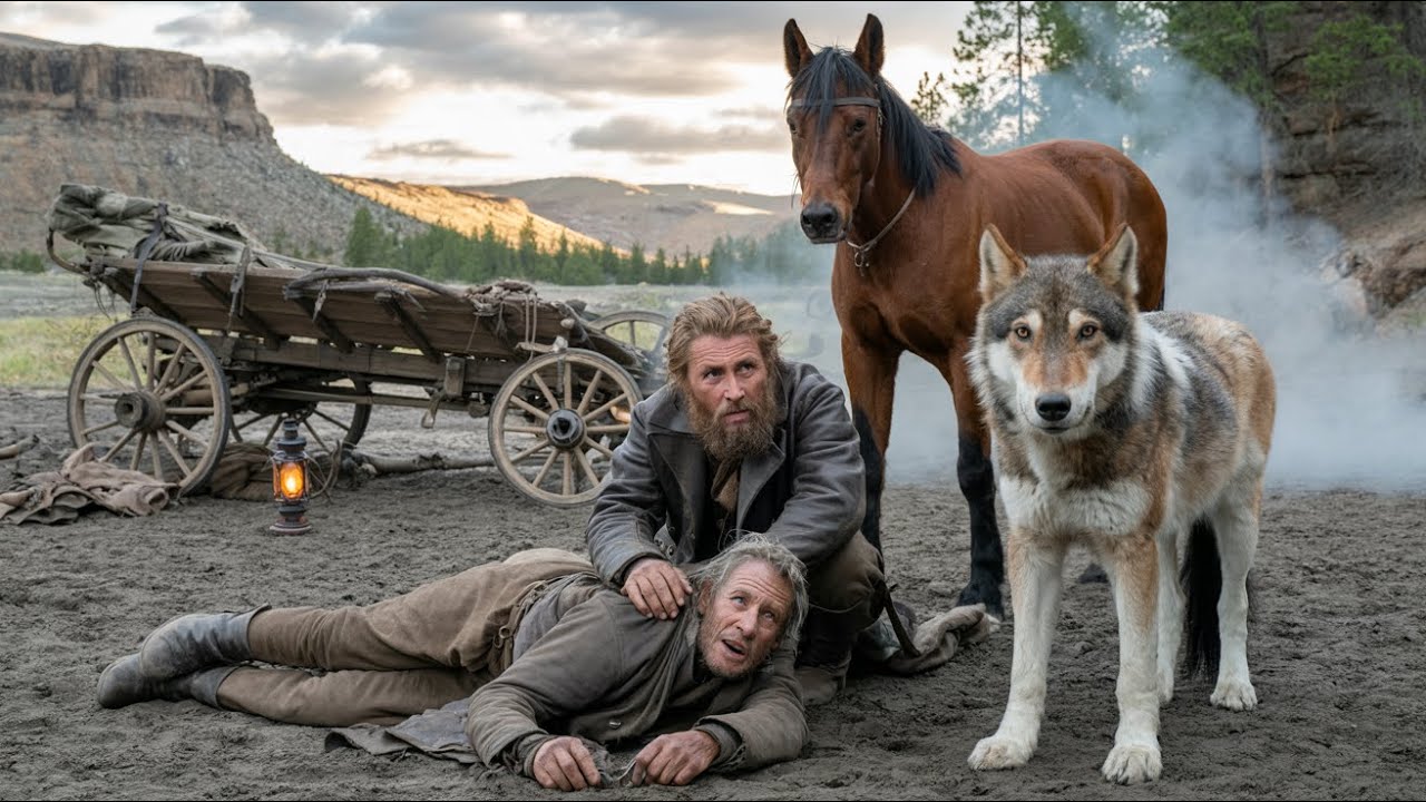 Rugged Frontiersman and His Fierce Wolf Rescue Frail Elder After Wagon Wreck Unaware Entire Valley,,