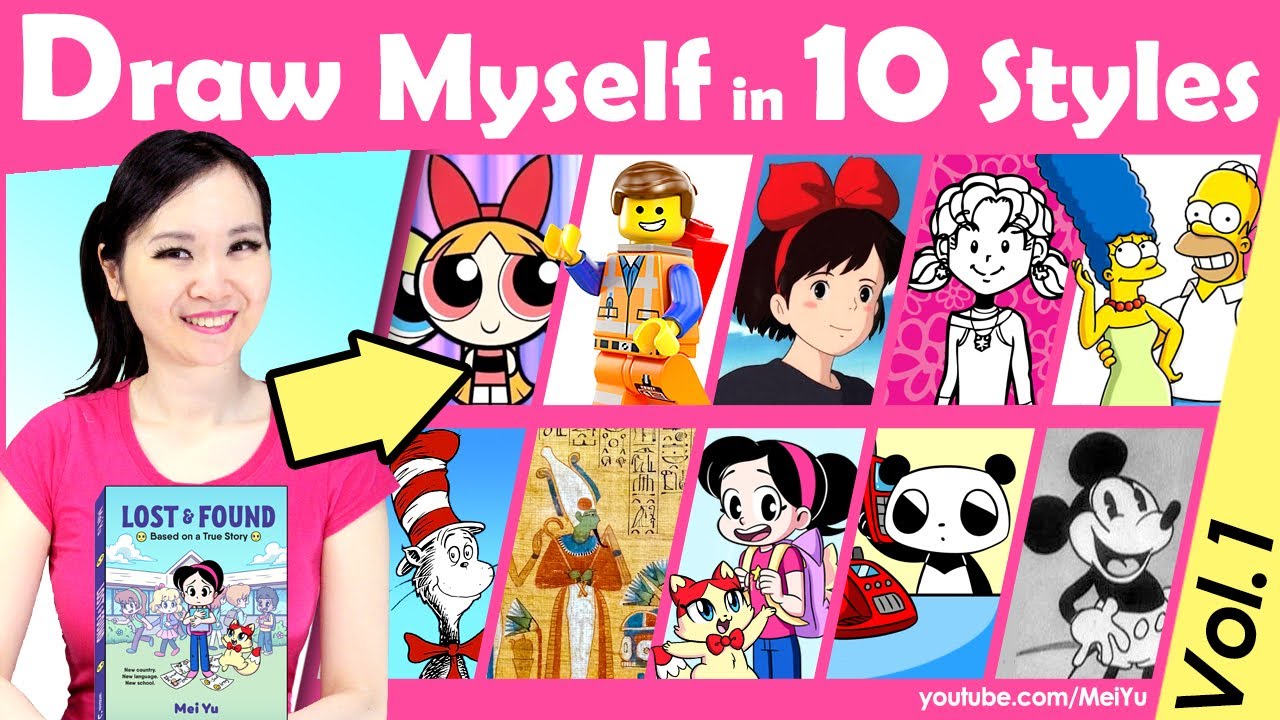 Draw Myself + My Book in 10 Art Styles | 1st Art Challenge of Its Kind! Mei Yu Lost & Found Book