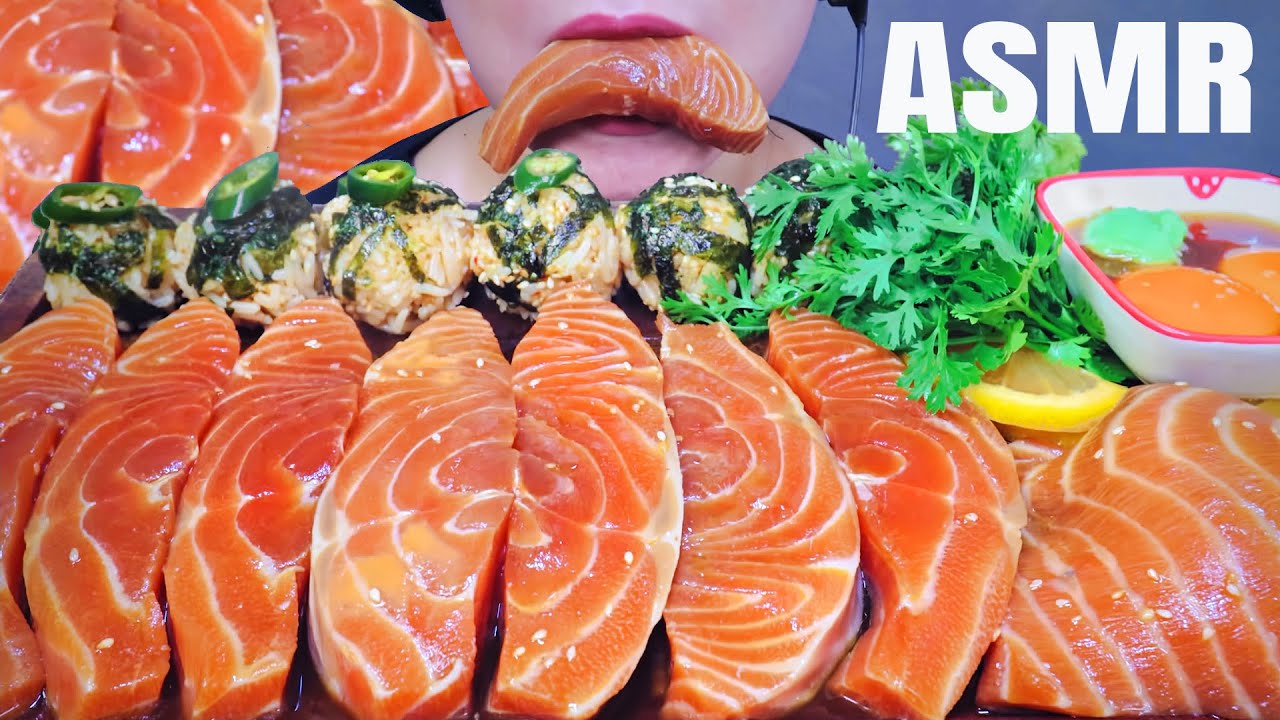 ASMR SOY SAUCE MARINATED RAW SALMON , EATING SOUNDS | LINH-ASMR
