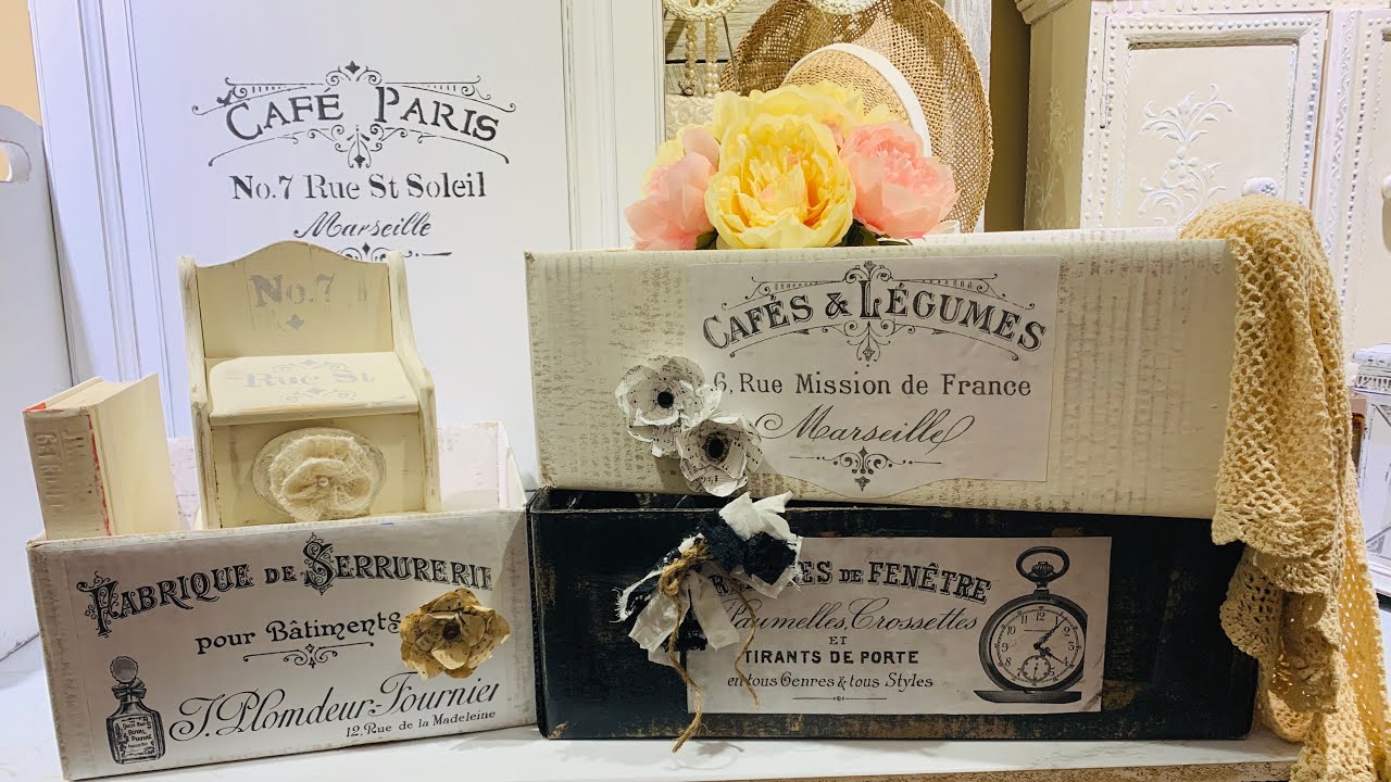 DIY'S SHABBY FRENCH BOXES USING CARDBOARD BOXES! TRASH TO TREASURE RECIPE BOX & PAPER FLOWERS (132)