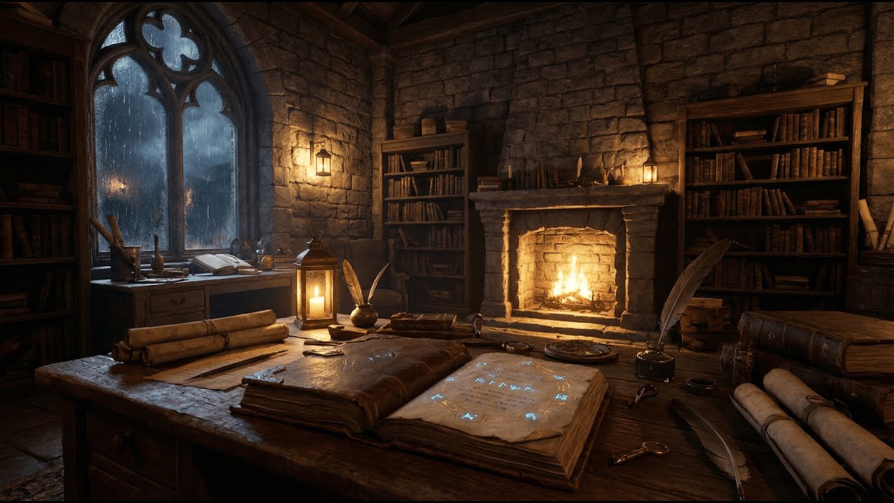 Wizard Tower Ambience ⚡ Heavy Storm & Fireplace Sounds [2 Hours] | Study & Sleep