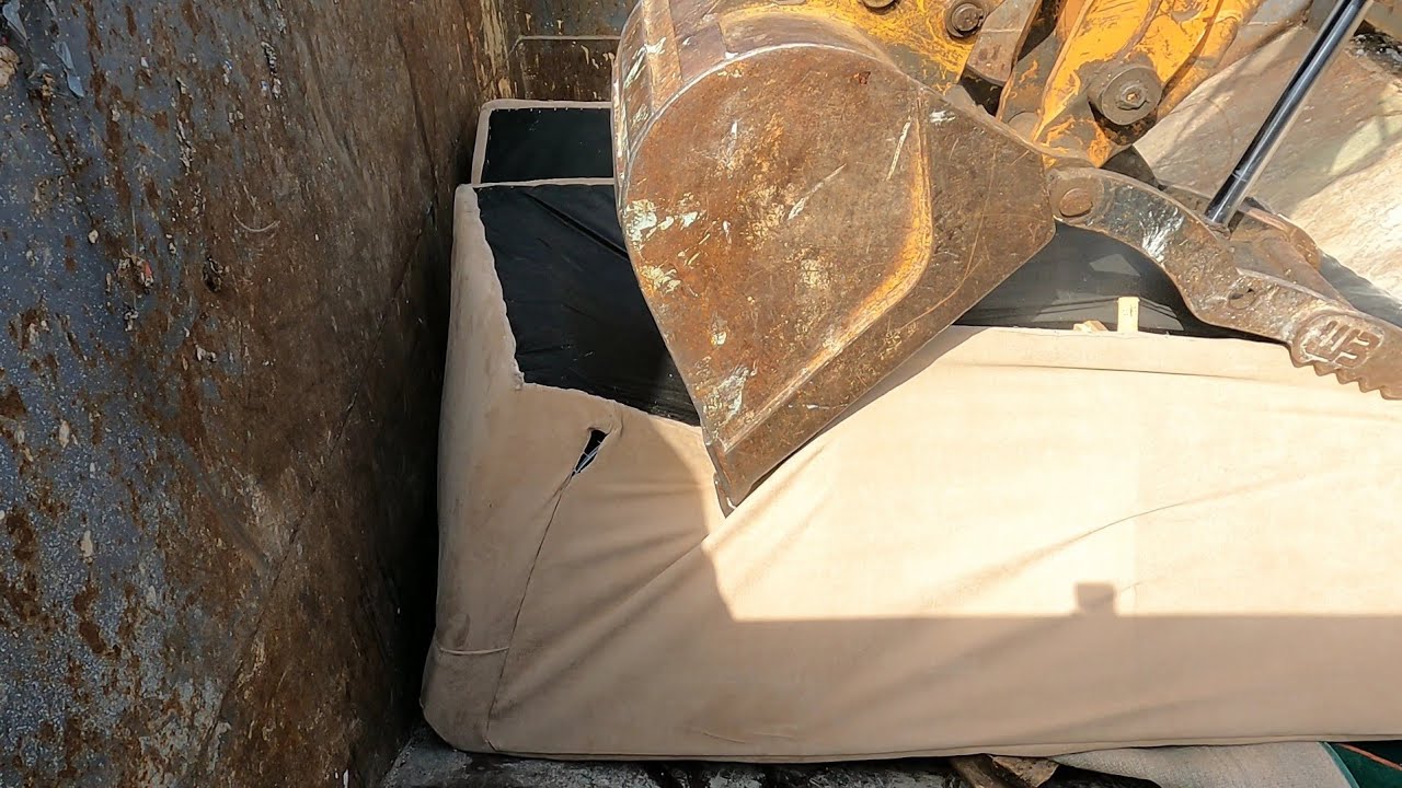 Compactor CLOGGED! Crushing Tables, TVs, Wood & Mattresses | Backhoe Plunges the Jam! ASMR
